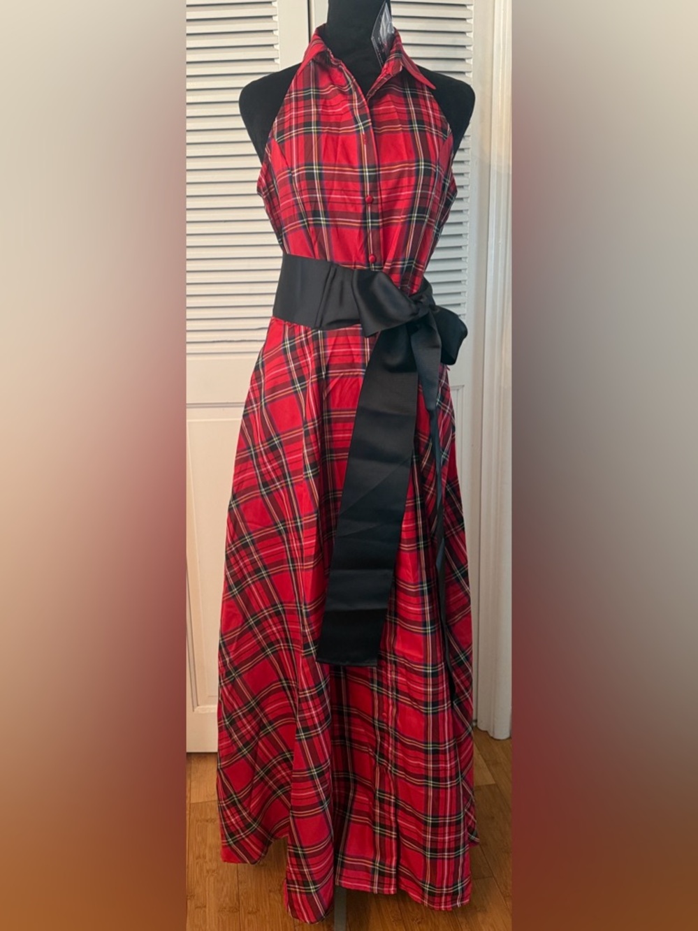 Boston Proper Red Plaid Halter Maxi Dress with Black Sash